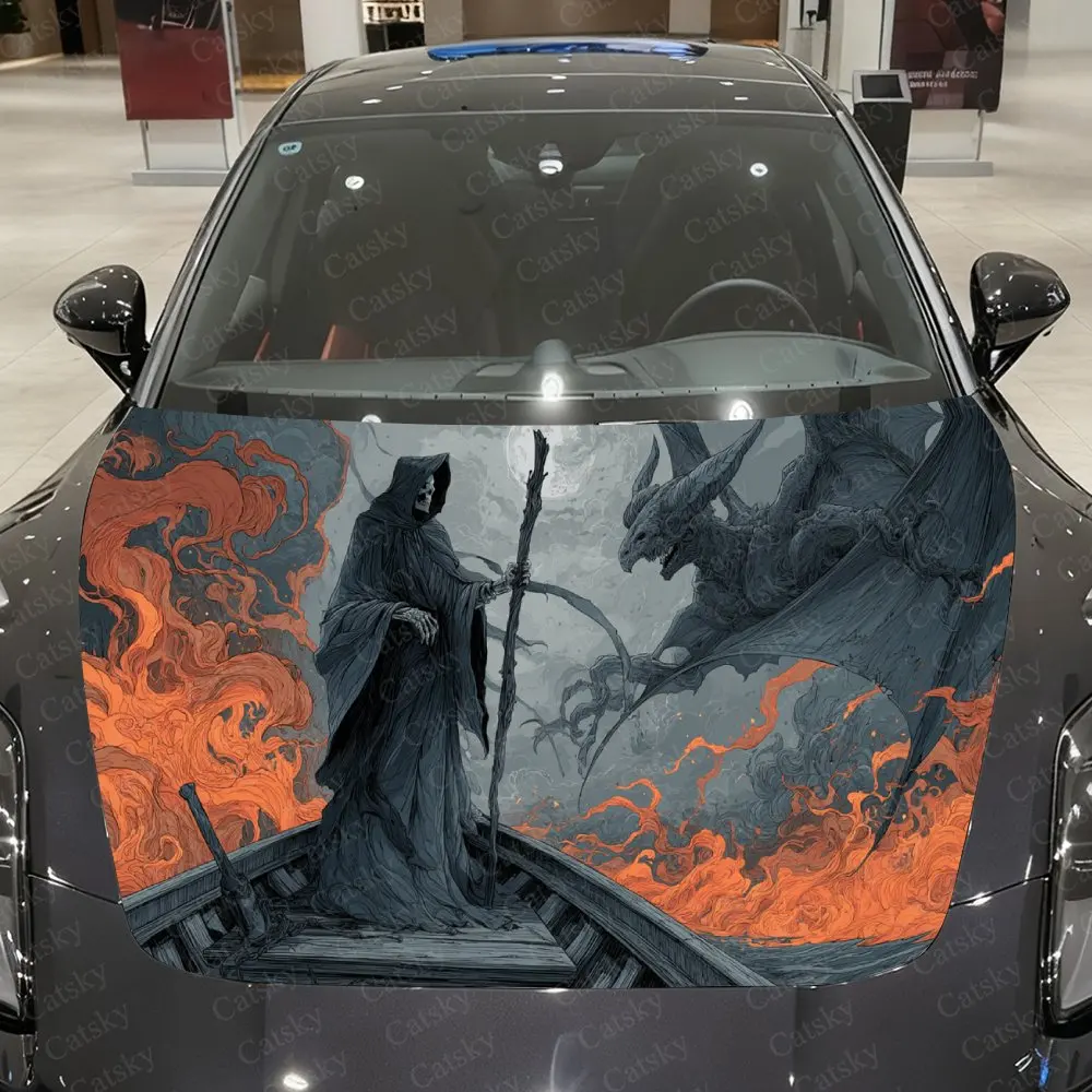 

Underworld Flame Boat Grim Reaper Car Vinyl Wrap, PVC Waterproof Car Hood Sticker, Self-Adhesive Scratch-Resistant Stickers