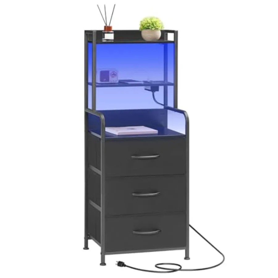 

Tall Nightstand with Charging Station LED Bedside Table 3 Fabric Drawers Open Shelves USB-A/Type-C + 2 AC Outlets Modern Bedroo