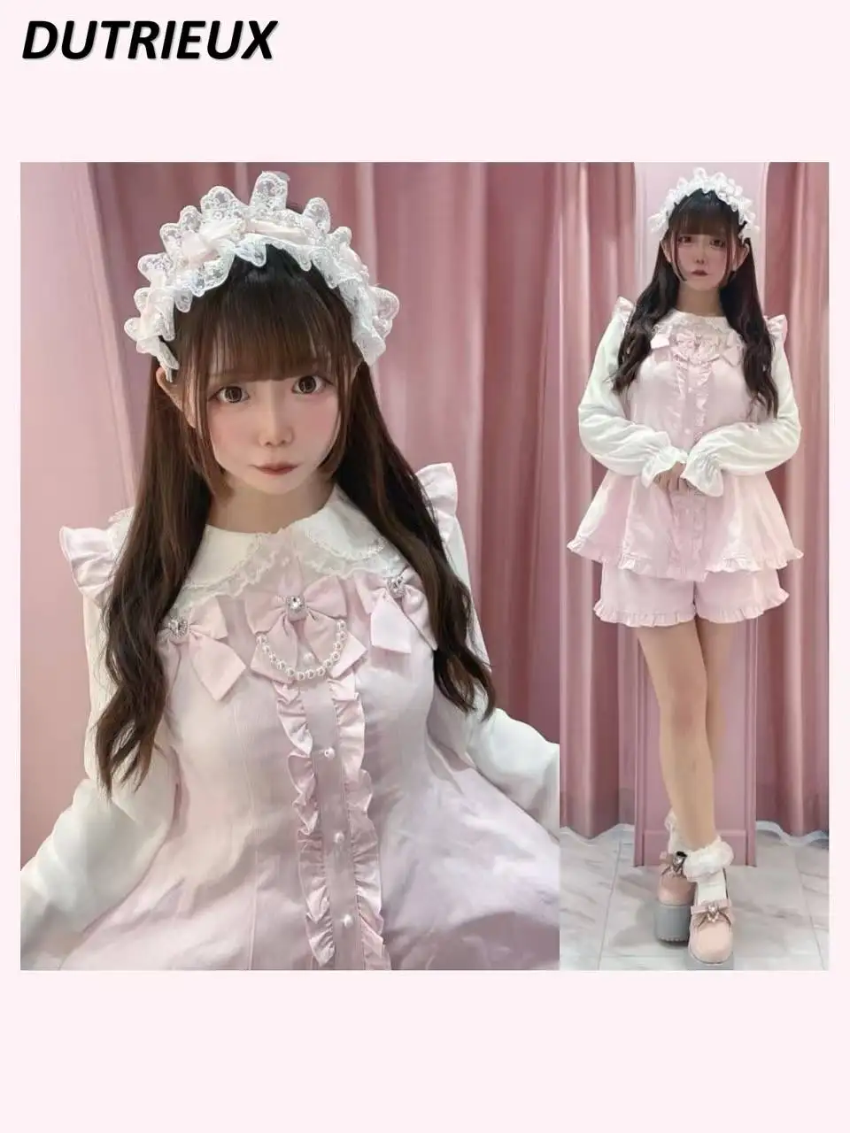 ฤดูใบไม้ผลิฤดูร้อน Mine ลูกไม้สีจับคู่เสื้อตุ๊กตาลูกปัดหวาน Bow Tops และ Ruffle กางเกงขาสั้น 2 ชิ้นชุดสตรีชุด