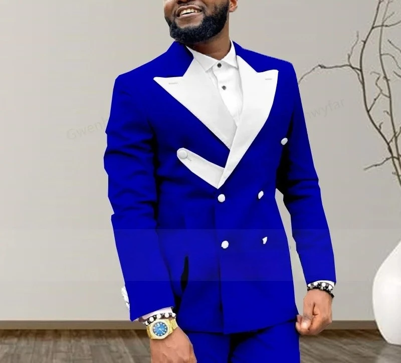 

New Customized Royal Blue Best Men's 2-Pieces Slim Fit Double Breasted White Pointed Lapel Design Casual Swallowtail