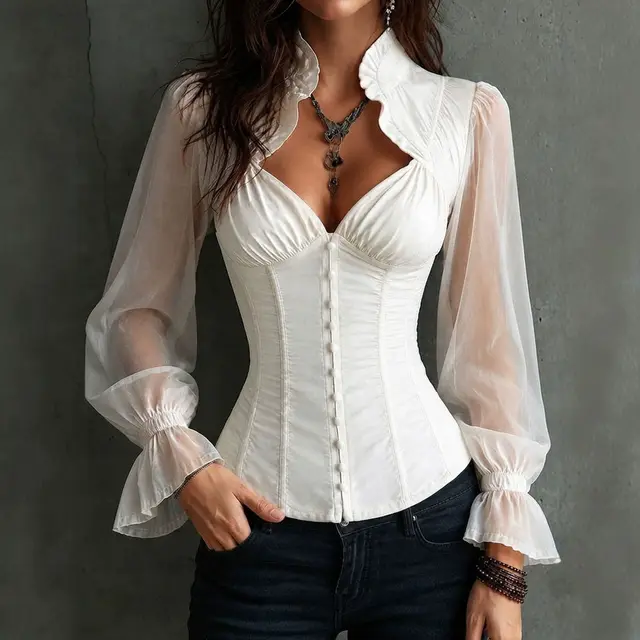 Blusa Corsé Blanca Francesa para Mujer, con Escote en V Profundo, Manga Transparente con Volantes, Botones, Estilo Vintage, Blusa Bustier para Fiesta, Cuello Alto