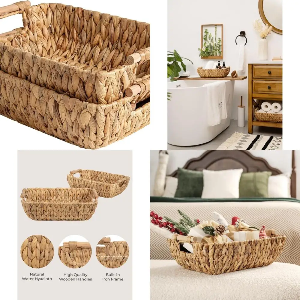 

Hand-Woven Large Storage Baskets with Wooden Handles, Water Hyacinth Wicker Baskets for Organizing, 2-Pack