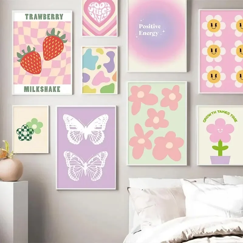 Danish Pastel Aesthetic Colorful Rainbow Purple Green Heart Butterfly Flower Art Print Canvas Painting Posters for Home Decor