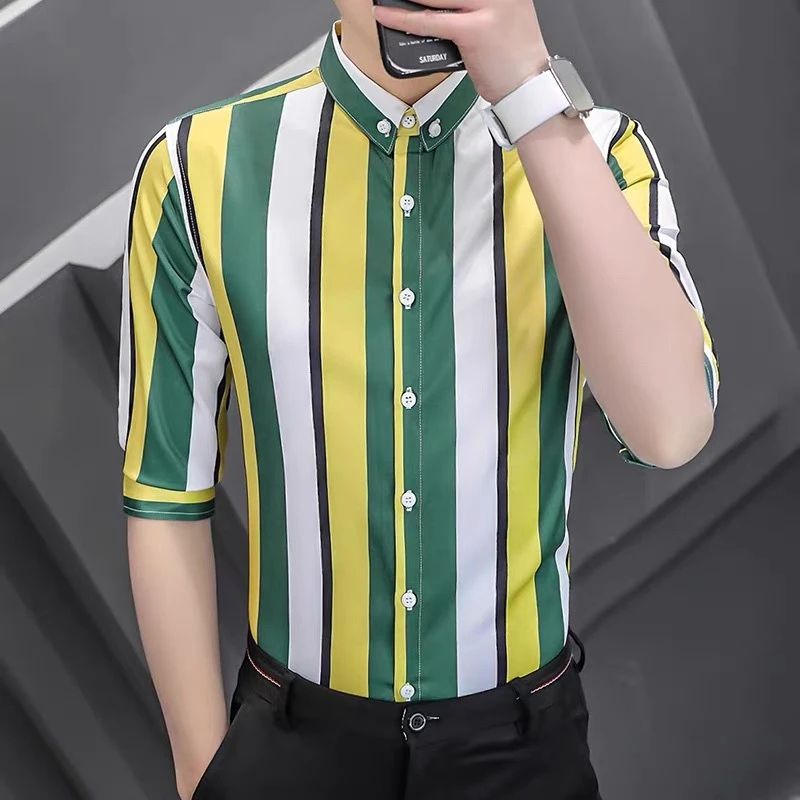 Men's Color Block Striped Barber Shirt Summer Lightweight Breathable 3/4 Sleeve Casual Button Down Blouse