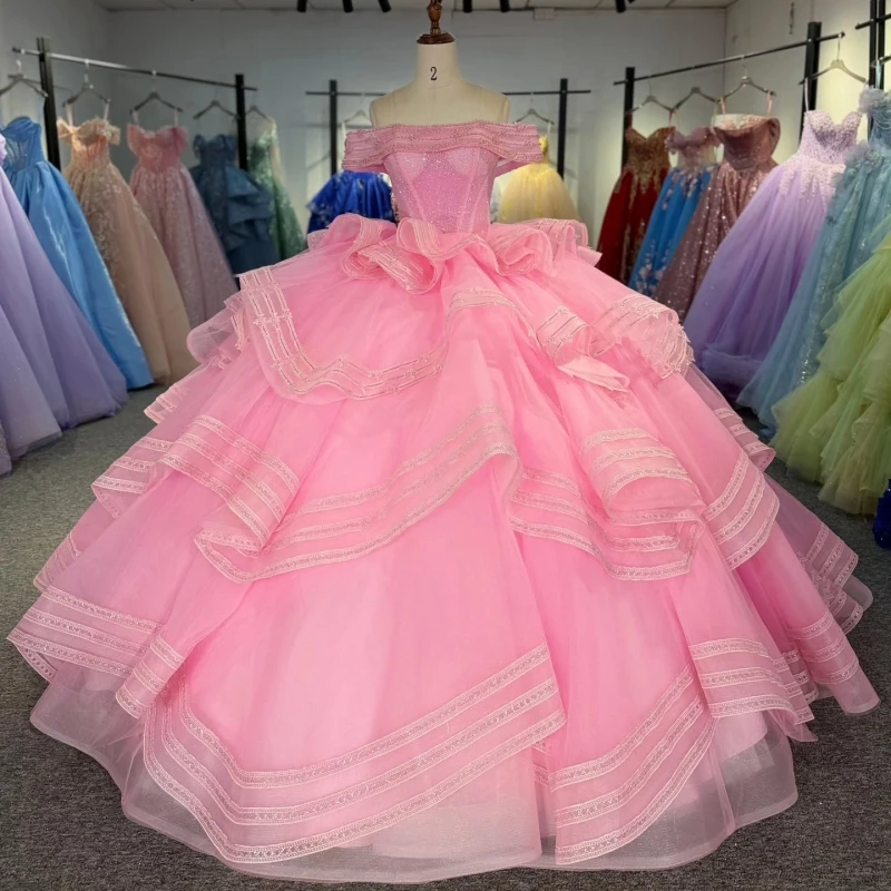 

Pink Shiny Princess Sweet 16 Dress Dress Quinceanera Dresses Applique Beading orset Tull Party Birthday Vestidos 15 De Anos
