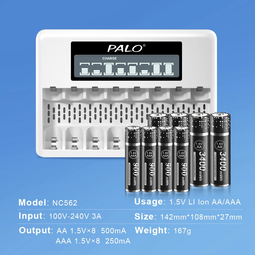 PALO 1.5V AAA+AA Li-ion Rechargeable Battery AA AAA Lithium ion Batteries AAA AA Cell With 8 slots 1.5V AA AAA Charger