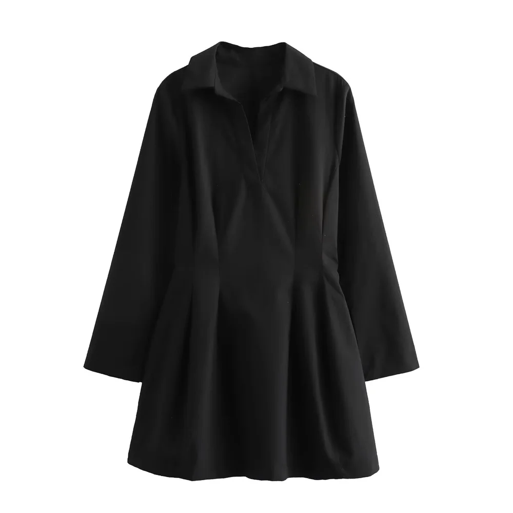 가을 신상품 여성 패션 심플 폴로 셔츠 칼라 긴팔 짧은 치마 와이드 마츠시타 스윙 드레스