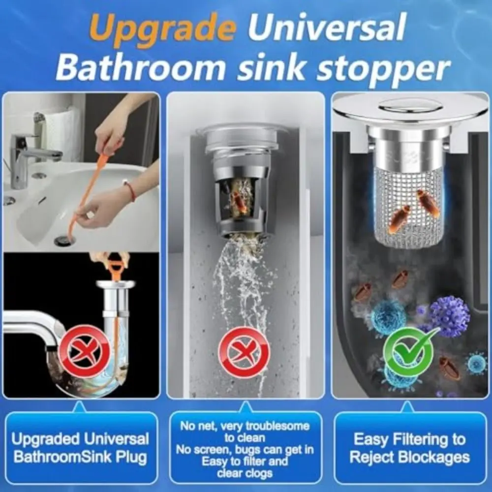 

Stainless Steel Bathroom Sink Drain Strainer Odor Proof Bouncing Core Drain Stopper Universal Fit Removable Basket Sink Strainer