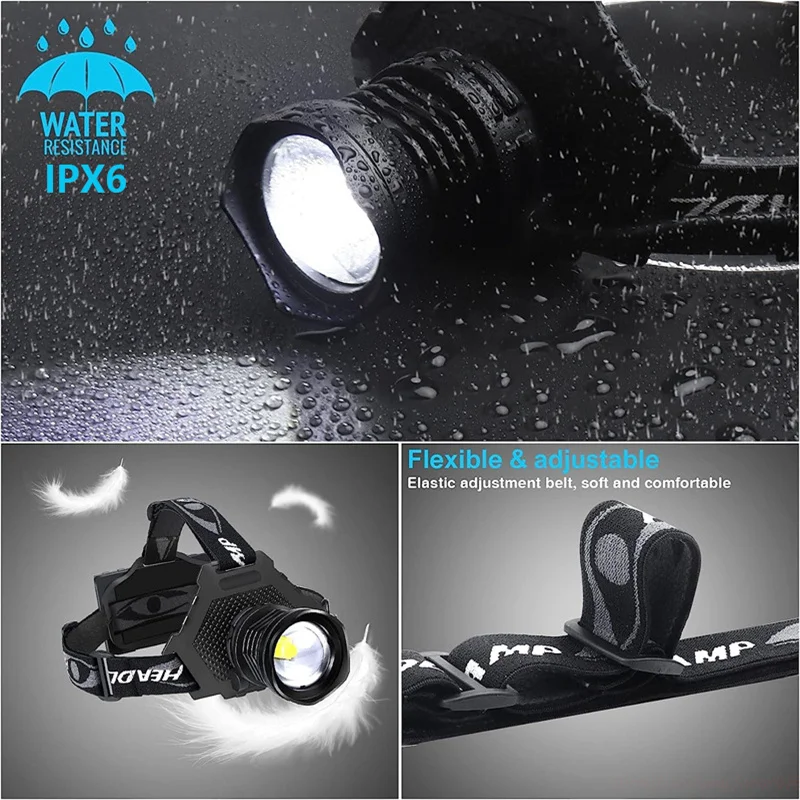 90000LM Powerful Long Range LED Headlamp USB Rechargeable Headlight Waterproof Zoomable Head Torch Outdoor Head Flashlight