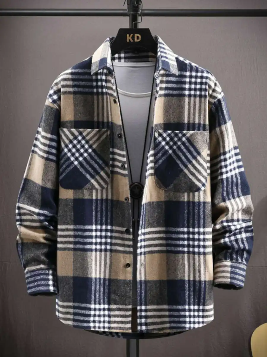 

Loose Fit Men's Plaid Shirt Long Sleeve Stand Collar Autumn Fashion Pocket Detail Color Casual Wear Taller Sizes Available