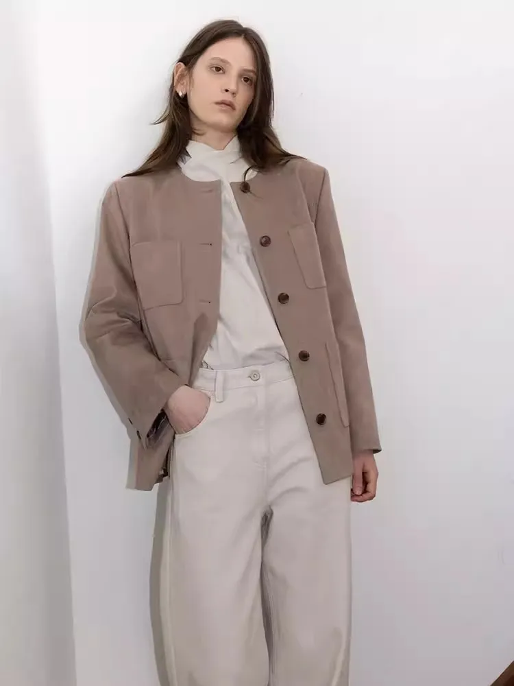 

Nok Xiaola Authentic 2026 Spring New Brand LOE Легкое замшевое пальто с круглым вырезом и длинными рукавами в повседневном стиле