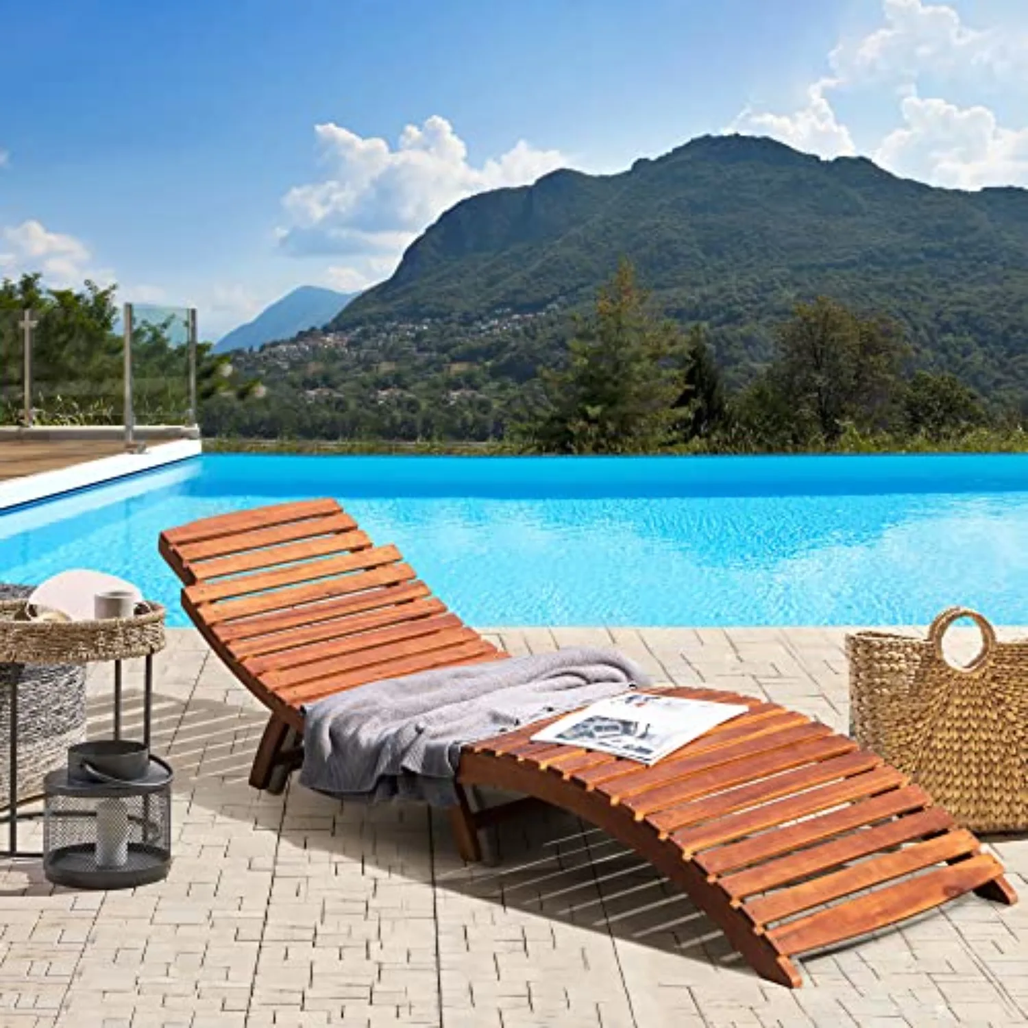 1-Piece Lounge Chair Outdoor Folding Pool Lounge Chairs | Acacia Wood Lounge Chairs for Outside, Water-Resistant Wooden