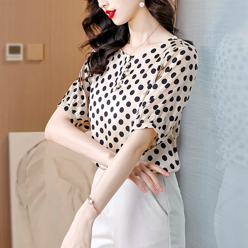 Women Clothing Fashion Polka Dot Print Chiffon Blouses Summer Elegant Chic O-neck Short Sleeve Shirts Loose Pullovers M-3XL