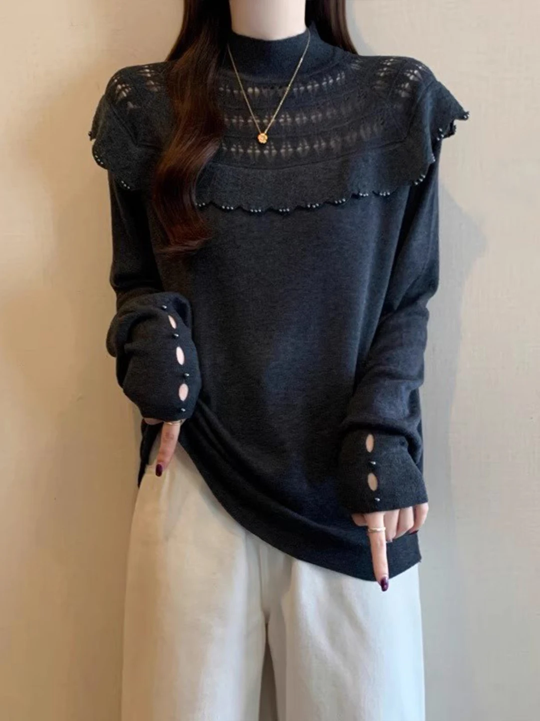 

Lace Trim Long Sve Knitted Sweater Women's High Collar Casual Loose Fit Soft Cotton Autumn Winter plus Size Slimming Top