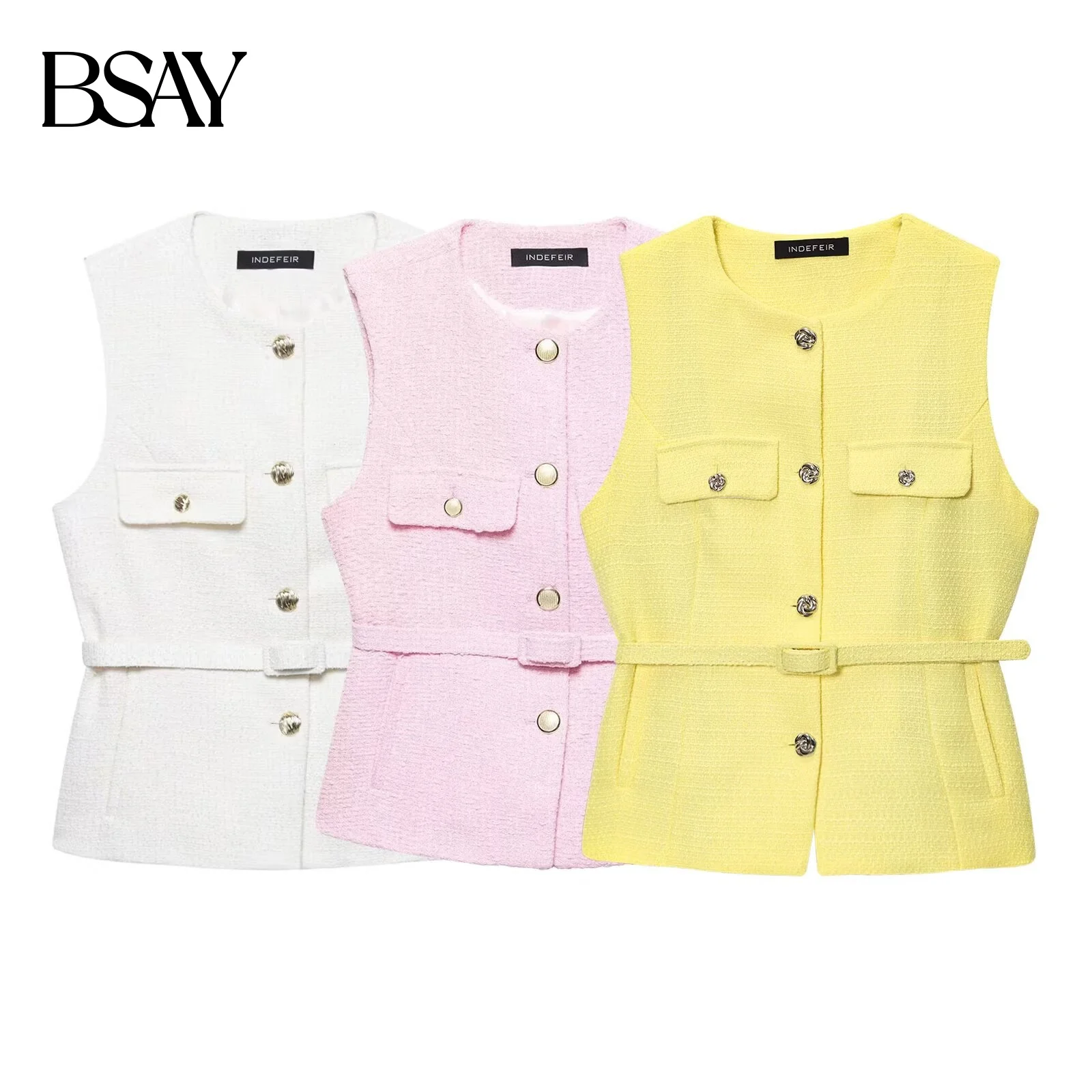 

BSAY, летний новый продукт, текстурированный жилет 2025 года, женская одежда, поясной ремень с пряжкой, украшение без рукавов, топ с круглым вырезом, шикарный