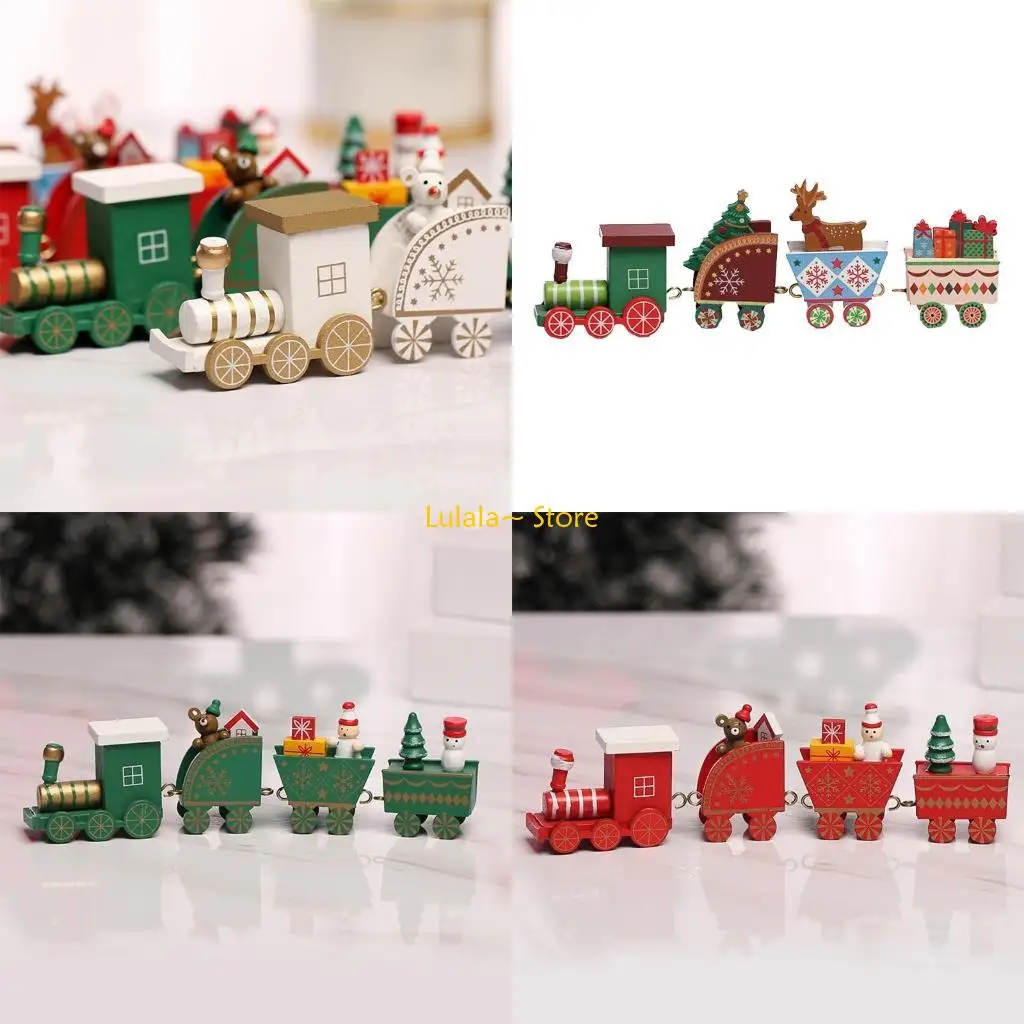 Y4QA รถไฟไม้ของเล่นสำหรับเด็ก, Snowman หมีรถไฟไม้รถม้าชุดรถไฟสำหรับเด็กคริสต์มาสปีใหม่ของขวัญ