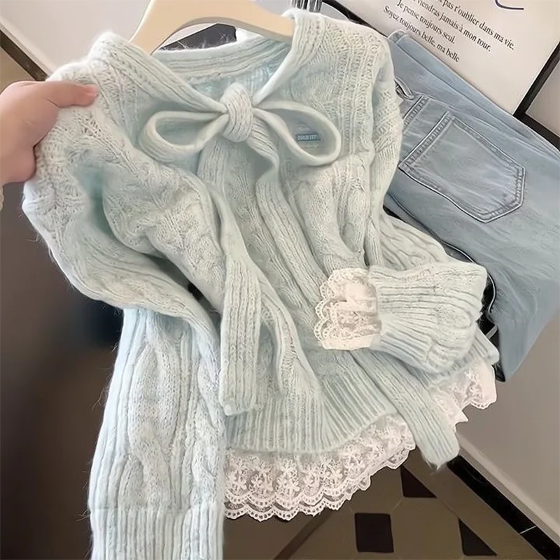 Damen-Pullover mit Schleife vorne, Zopfmuster, Spitzenbesatz, süßer Coquette-Pullover, langärmliges, klobiges Oberteil, Preppy-Winter-Warmpullover