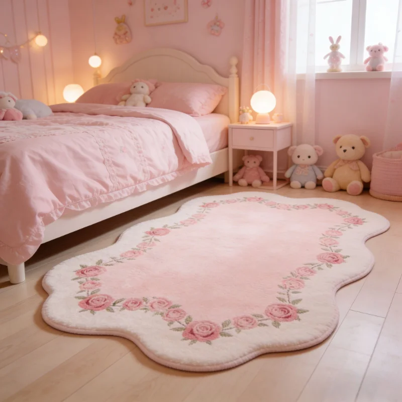 Girly Style Carpets for Living Room Pink Flowers Bedroom Decor Carpet Fluffy Soft Irregular Bedside Rug Home Thicken Floor Mat