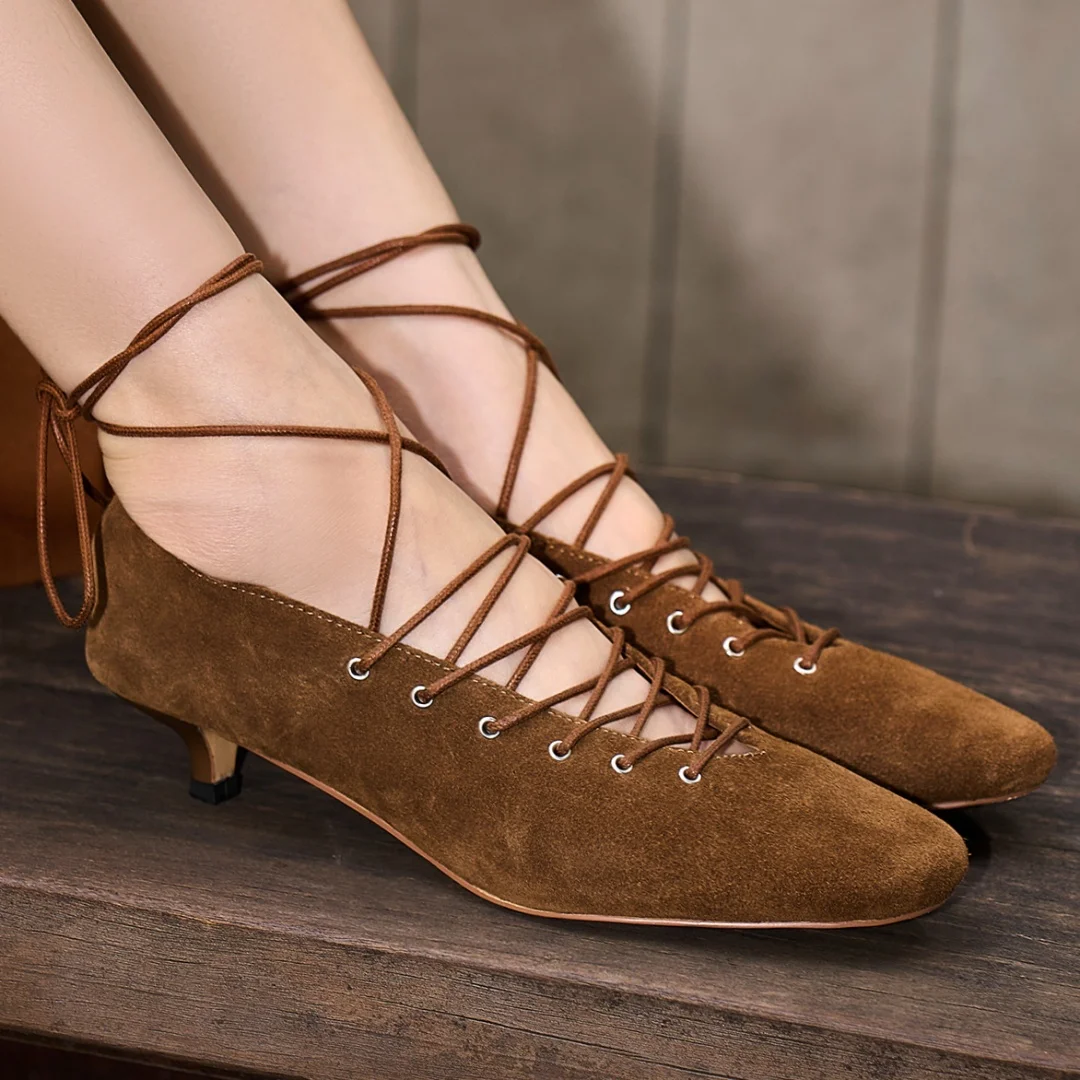 Women's natural suede leather square toe lace-up pumps 3.5cm kitten heel elegant ladies slim daily dress heeled shoes for woman