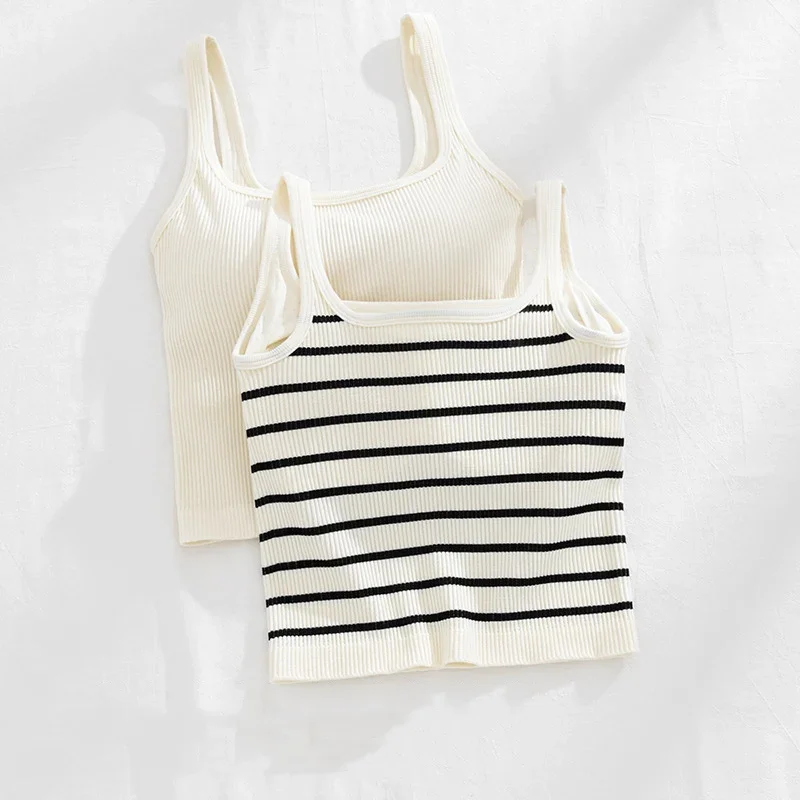 

Women Casual Striped Camis Elegant Stretch Tee Off Shoulder Padded Crop Top Plain Summer Tank Outfit