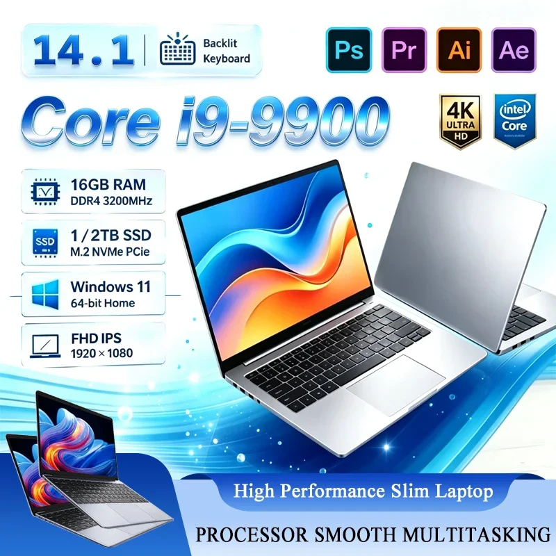 New 14.1' Laptop Intel Core i9-9900 16GB 32GB 2TB Gaming PC Ultra Slim Office Study Computer PC Windows 11 Pro 1920*1080 HD