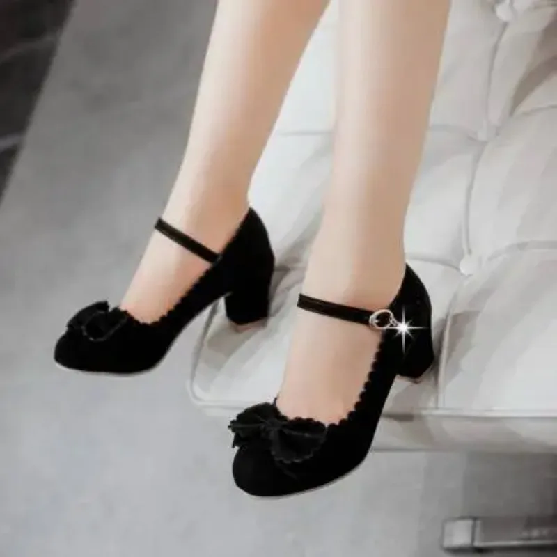 Spring Women Low Heel Round Toe Straps Bow Cute Girls Princess Tea Party Lolita Students Lovely Shoes Size 35-43 Red Black Beige