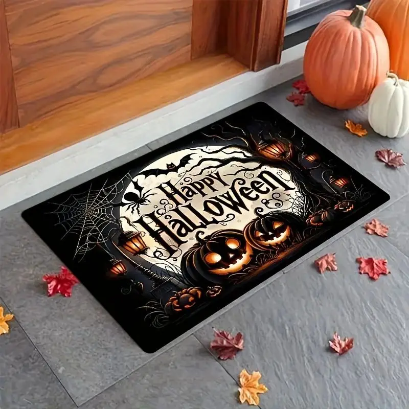 VIKAMA Happy Halloween Pumpkin Bat Doormat Non Slip Entrance Floor Mat Spider Web Front Door Holiday Home Decor Rug