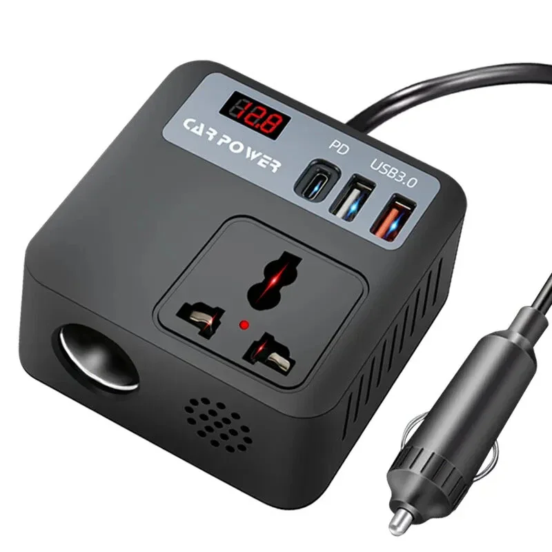 Inversor de Corriente para Auto de 12V/24V a 220V 150W con Múltiples Puertos USB QC3.0 PD de Carga Rápida, Adaptador Portátil, Accesorio para Vehículo
