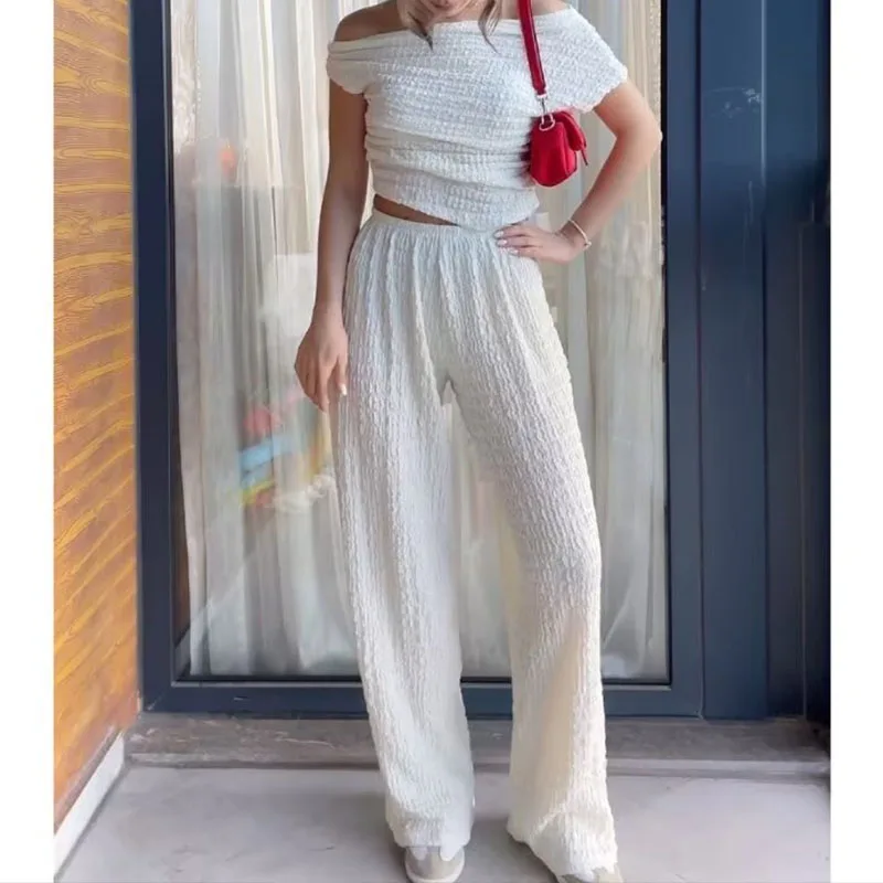 Women\'s 2024 Retro Asymmetrical Top Elastic Waist Trousers New Fashion Solid Color Knitted Texture Suit Summer Casual