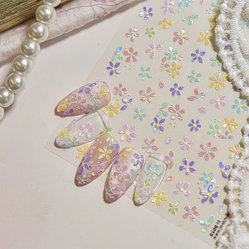 

Fashion Cherry Blossom Flower Sakura Spring 5D Nail Art Sticker Gold Stamping Soft Adhesive Relief Adhesive Chic Manicure Decals