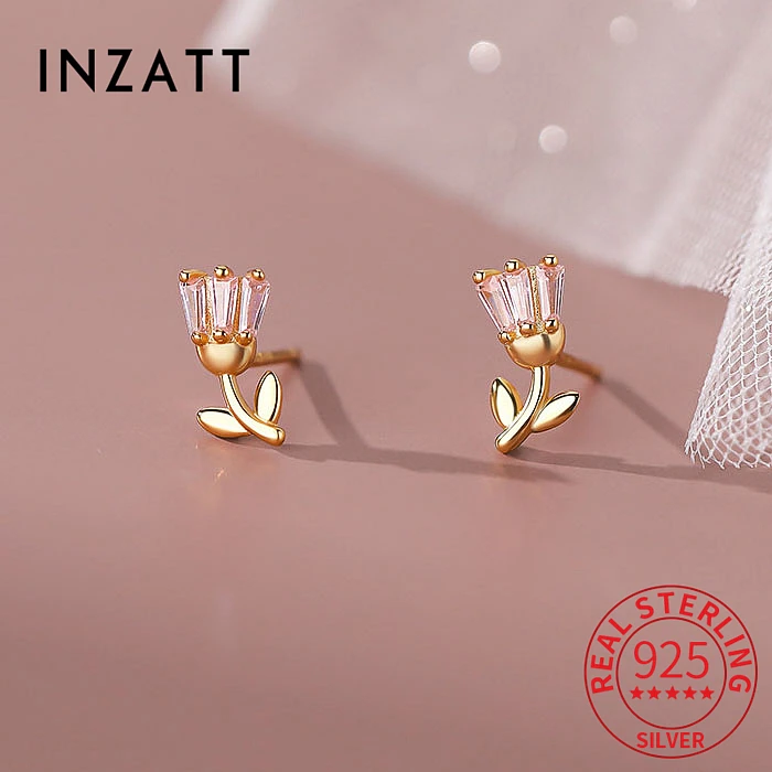 INZATT Real 925 Sterling Silver Zircon CZ Tulip Flower Stud Earrings For Women Cute Fine Jewelry Minimalist Accessories