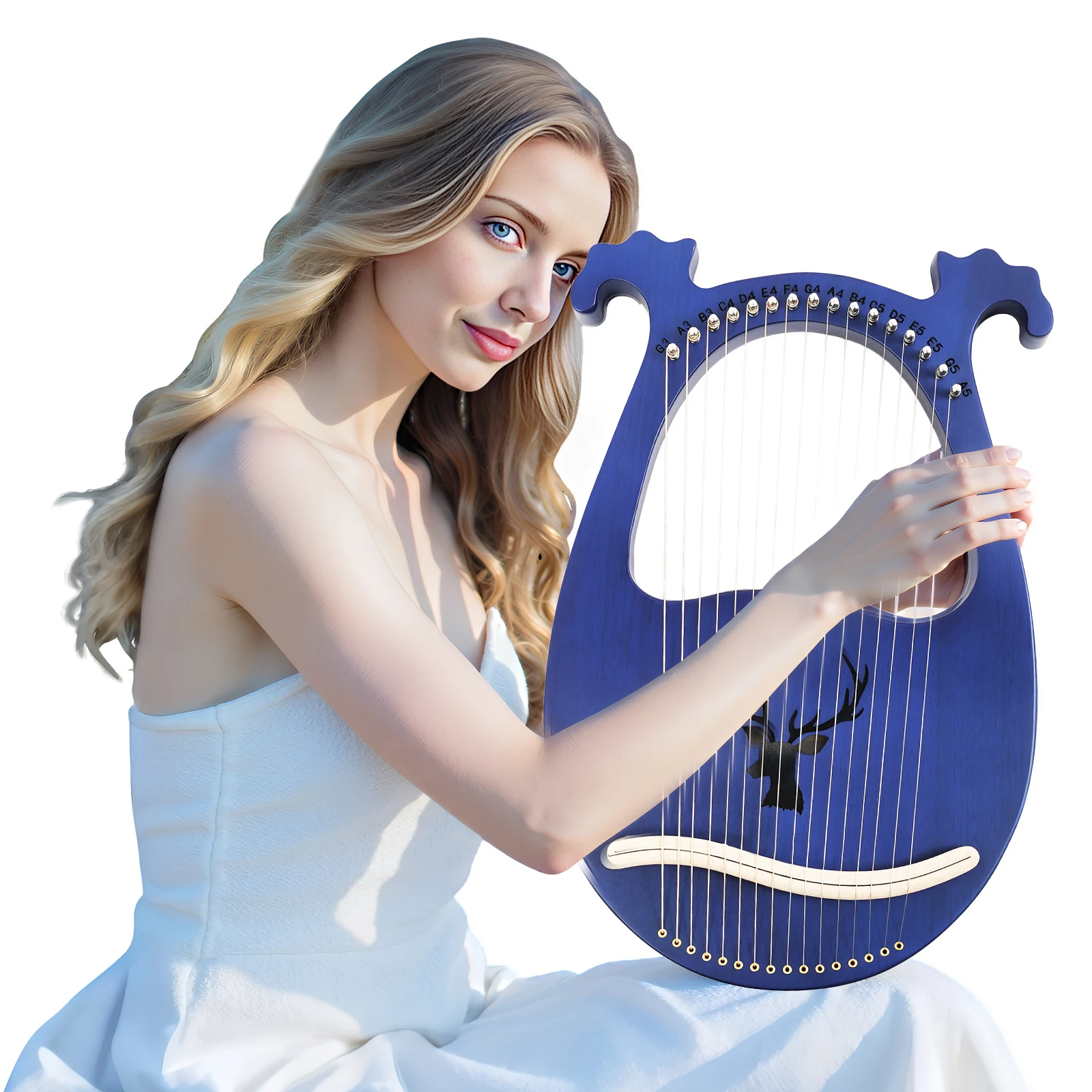 قيثارة قيثارة محمولة مكونة من 16 وترًا (أزرق)، من خشب الماهوجني الصلب - صوت واضح، تصميم قرن الوعل، خفيفة الوزن 2.93 رطل، مع أوتار إضافية