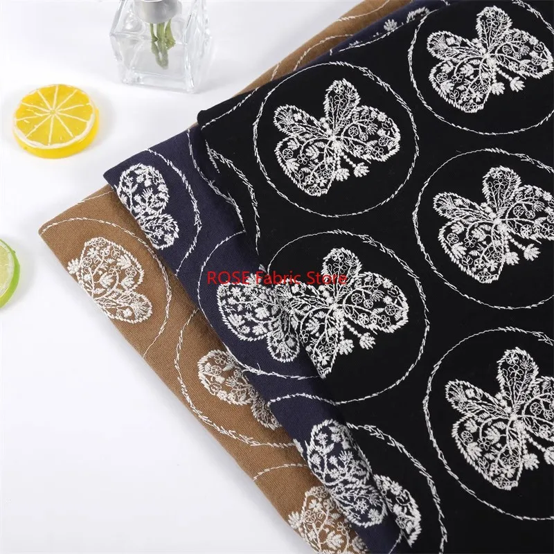 Butterfly Embroidery Thick Cotton Linen Fabric for Bag Tablecloth Pillow DIY Handmade Fabric dress, tabletop, pillowcase