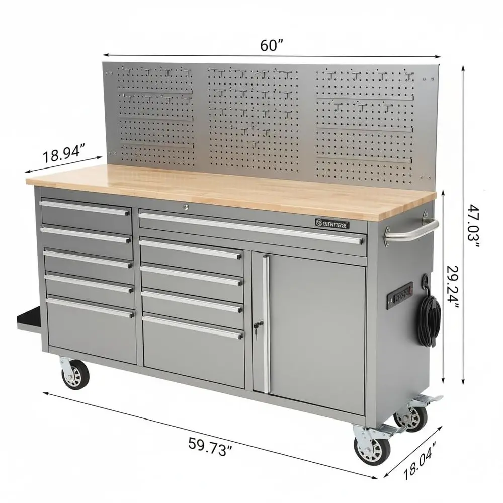 61inch Rolling Tool Chest, 10 Drawers Garage Workbench Storage Tool Cabinet with Power Strip, Solid Rubber Wood Top, 1675 LBS L