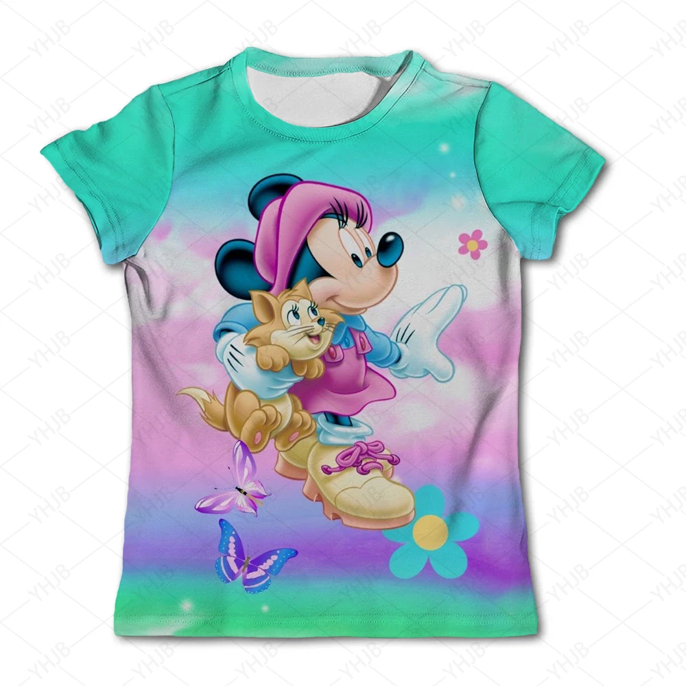 Girl Leopard Printed T-shirt Minnie Mouse T-shirts Kawaii Disney T Shirt Cartoon Casual Clothes Tees Kids Girls Short Sleeve