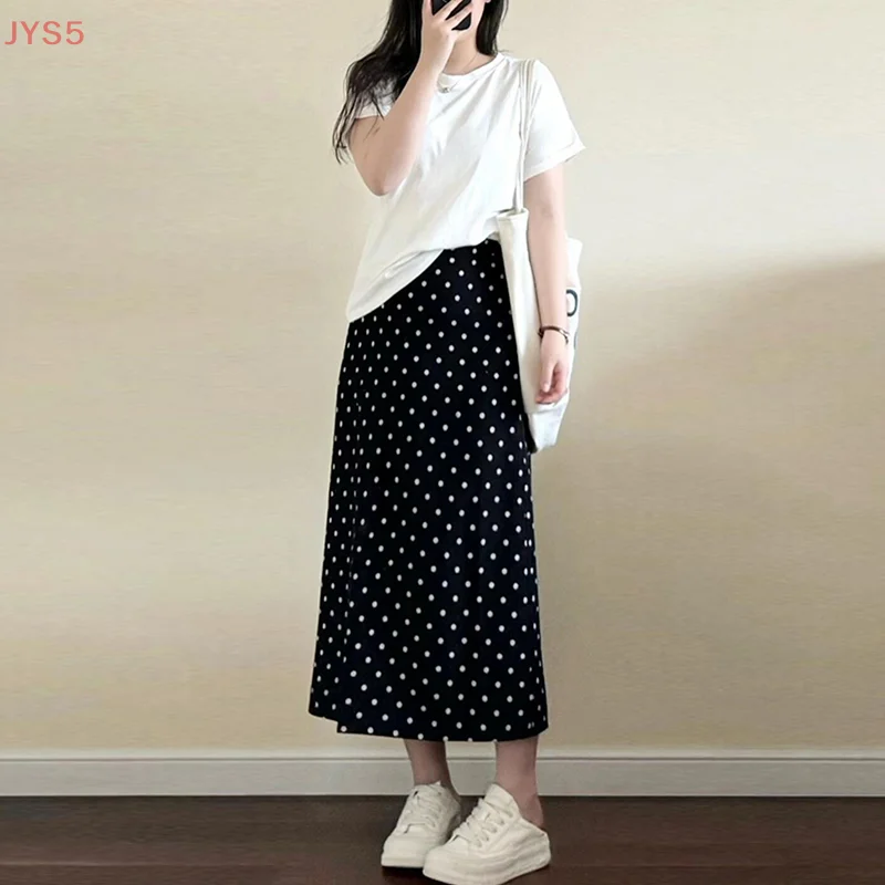 

【JYS5】Black Polka Dot Skirt For Women Summer New Style Slit Skirt Slim Temperament Mid-length Skirt Suitable For Fat Girls
