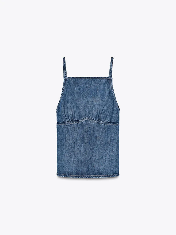 

Spring New Arrival Women's Sexy Versatile Thin Strap Straight Collar Bal Denim Top Commute Sle Color Single Piece