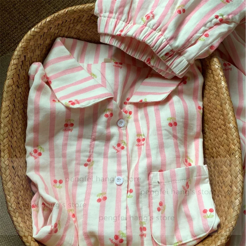 

Cute Sleepwear Women Home Clothes 100%cotton Pijama Mujer Pink Striped Cherry Print Loungewear 2Pcs Long Sleeve Pajama Sets