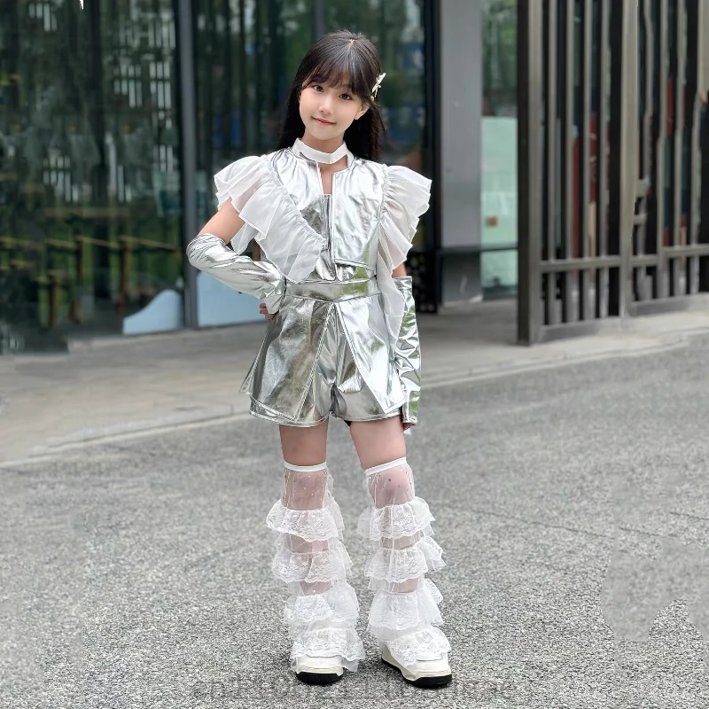 Children's Jazz Dance Costume Set with Ribbon Technology, Girls' Street Dance Shiny Leather Runway Stage Performance Costume