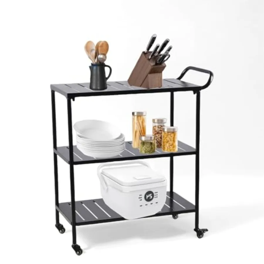 Modern Kitchen Bar Cart on Wheels Metal Rolling Serving Carts with 3 Tier for Storage Mobile Kitchen Island with Lockable Caste