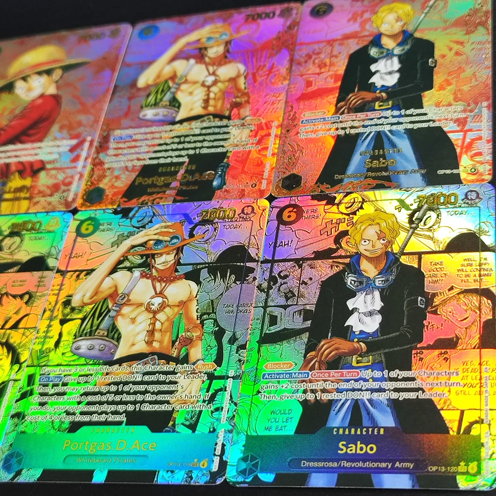การ์ดสะสมแฟลชการ์ด วันพีซ OPCG ภาษาอังกฤษ/ญี่ปุ่น ลูฟี่ ซาโบ เอส รับมรดกของเขา OP-13 รุ่นเรดโกลด์ คอลเลคชั่น