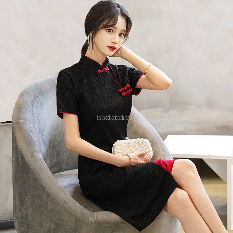 2024 summer new retro slimming improved cheongsam lace red dress women short sleeve fashion style two-layer design qipao dress