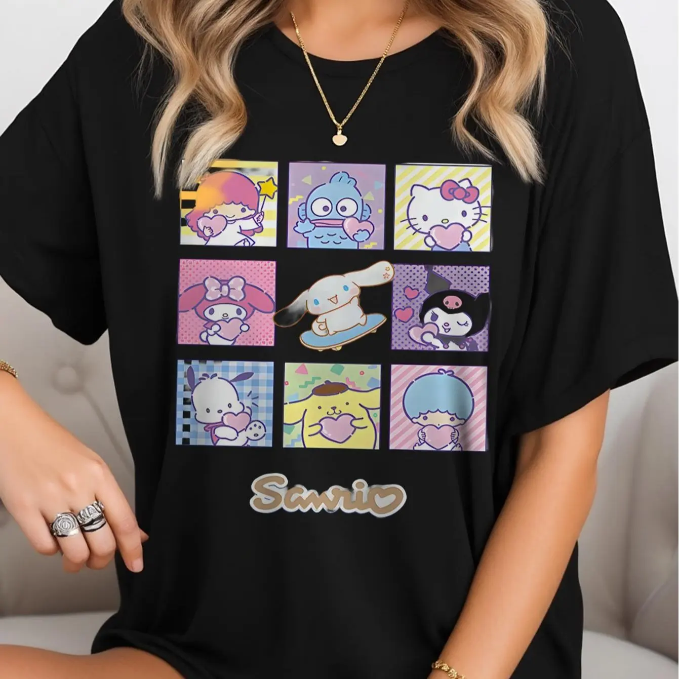 

Sanrio for hello kitty, женская футболка из 100% с милым клетчатым узором, топ с круглым вырезом и короткими рукавами