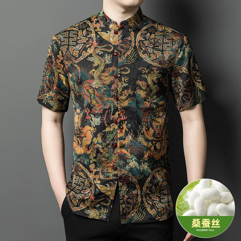 

Real Silk Gambiered Chinese Men's Clothing Middle-Aged and Elderly Suit Upper Clothes Summer Short Sleeve Shirt Men