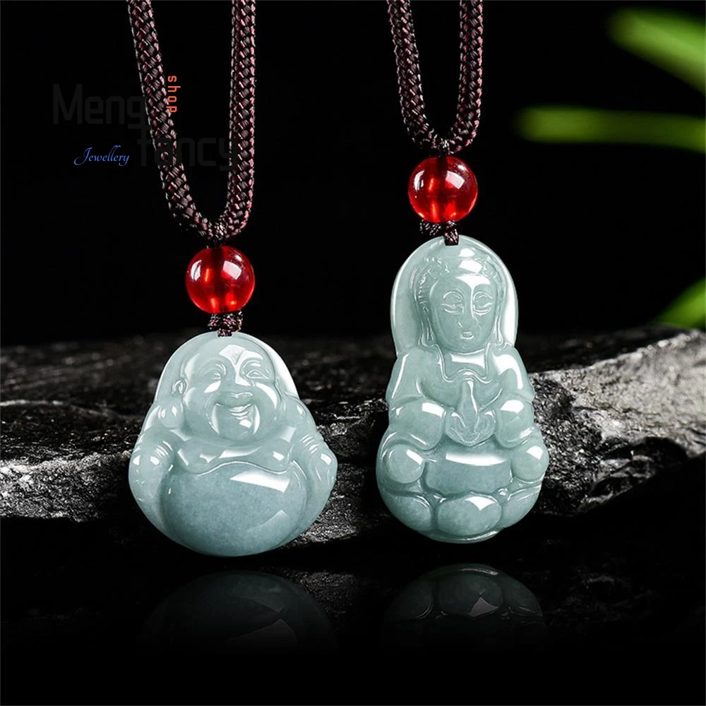 

Natural A-grade Jadeite Blue Water Small Guanyin Buddha Statue Ice-type Jade Pendant Best Selling Fashion Jewelry Holiday Gifts