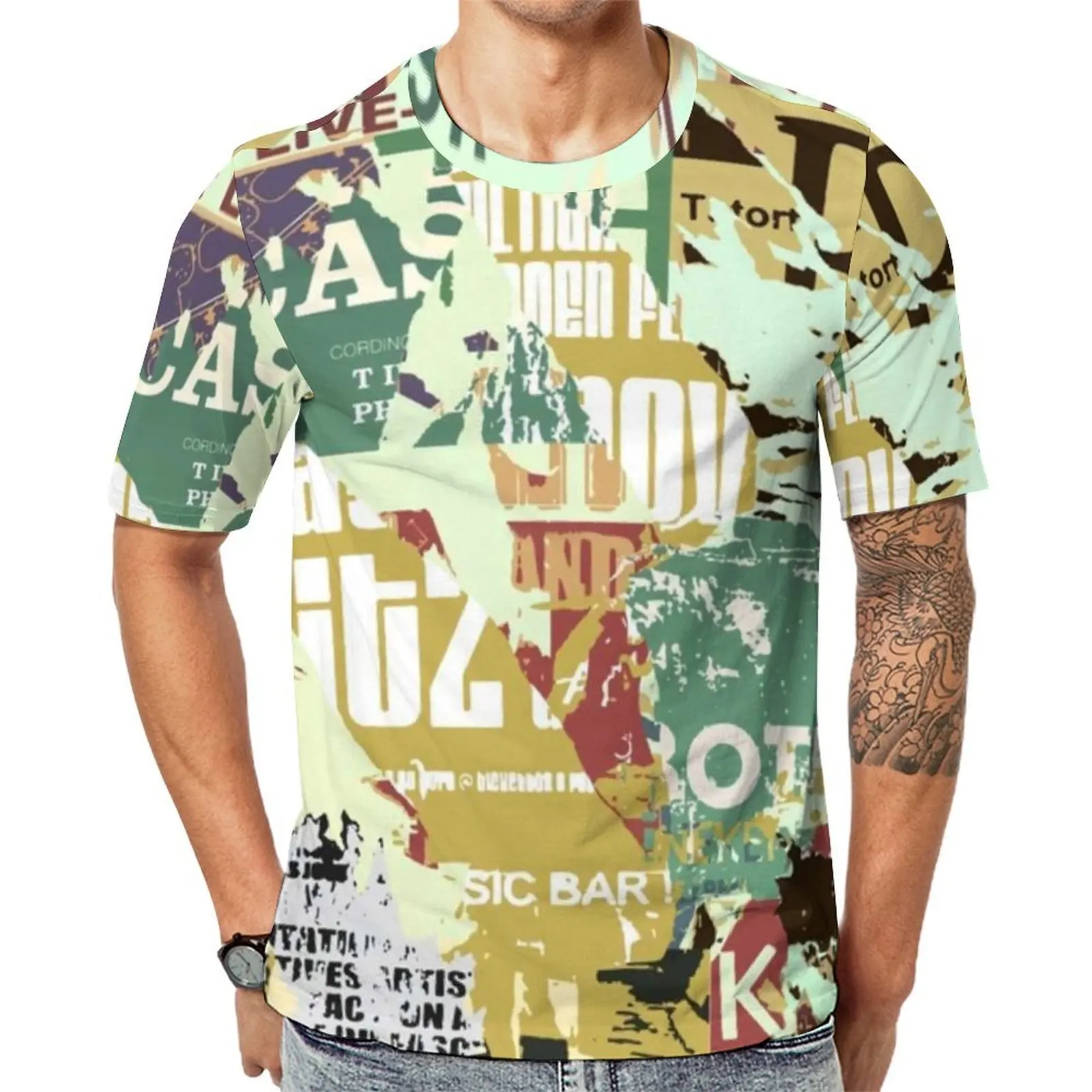 Newspaper Collage T-Shirt Vintage Aesthetic Popular T-Shirts Male Y2K Fun Tee Shirt Beach Short Sleeve Pattern Clothing Big Size