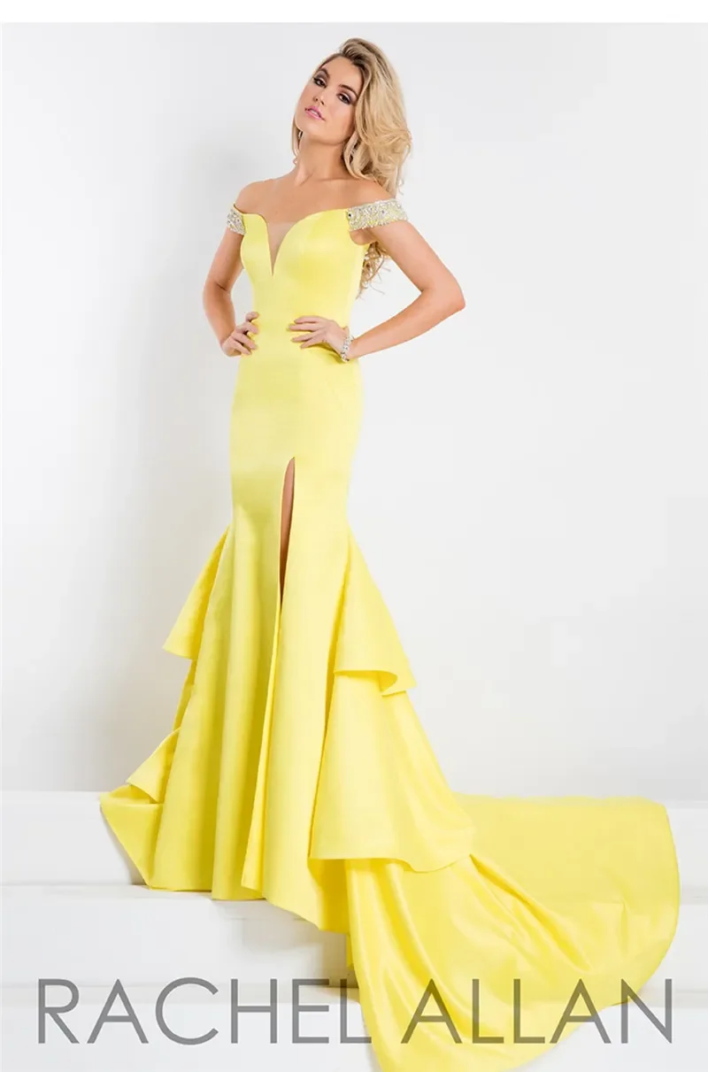 Rachel Allan Meerjungfrau-Abschlussballkleider, schulterfreier Ausschnitt, geteilte Abendkleider, volle Länge, Perlen, hellgelbe Ballkleider