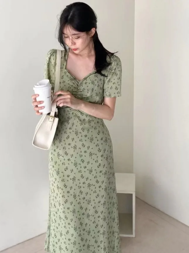 

Chic Spring Summer Floral Print Hollow out ort Sve Square Ne Dstring Waist Women's Dr Ele Fre Sle