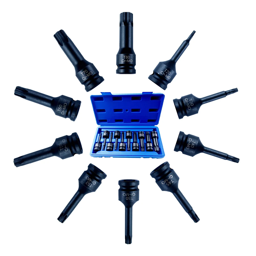 10pcs 1/2 Inch Drive Torx Star Bit Socket Sets T20-T80 Socket Bits Set Hexagon Socket Impacts Socket Wrnech Head Hand Tools