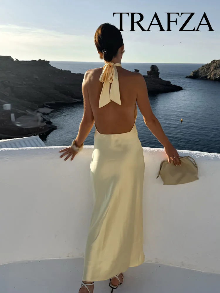 TRAFZA Summer Fashion Women Dress Solid Sleeveless Backless Bow Decoration Zipper Female Elegant Slim Long Dresses 5 Color image 2